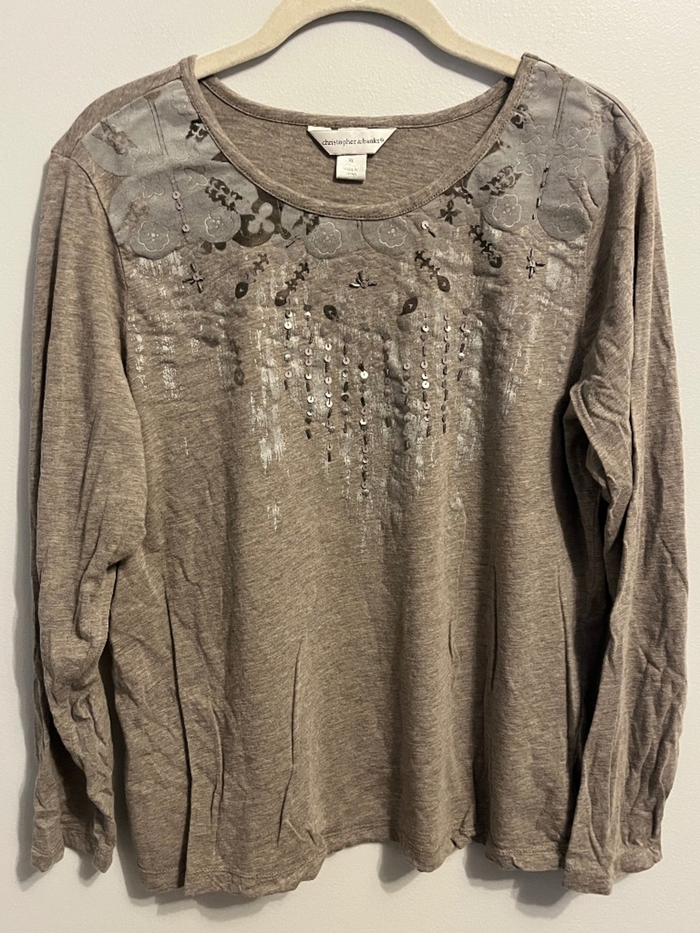 Christopher & Banks Long Sleeve Top Taupe Sequin Embellished Floral Yoke XL